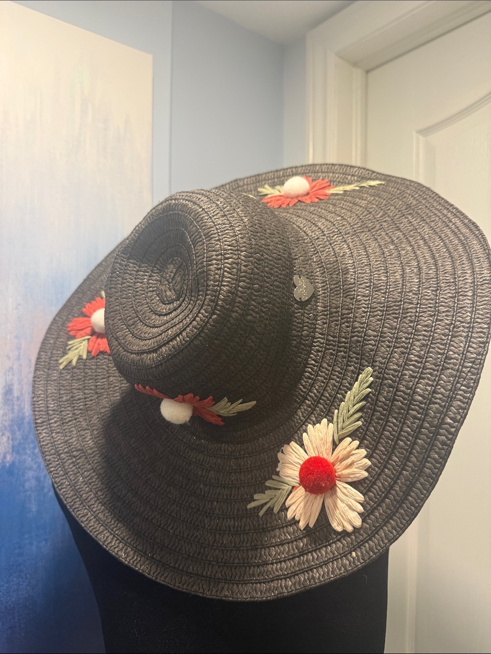 Betsey Johnson Black Wide-Brim Straw Hat with Orange Floral Embroidery